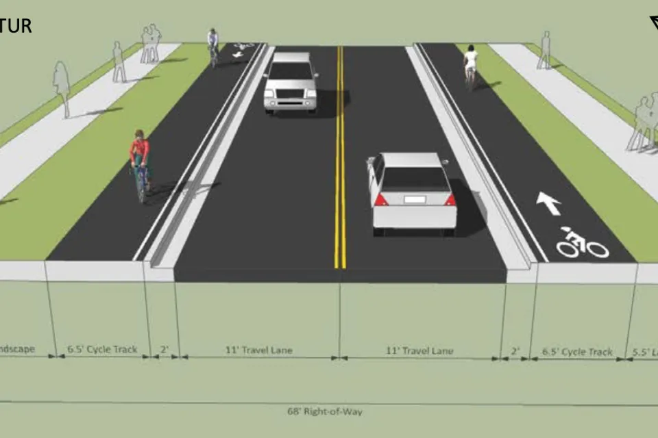 Rendering of proposed Church Street raised separated cycletracks and reduced traffic lanes